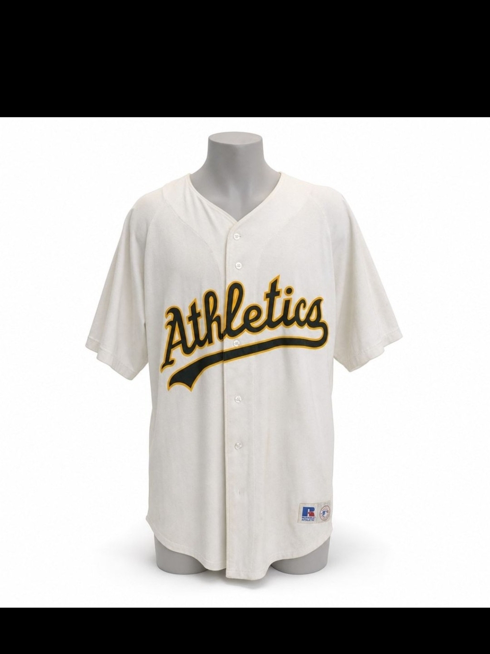 Russell Athletic White Athletics Script Baseball Jersey with Green and Gold Trim